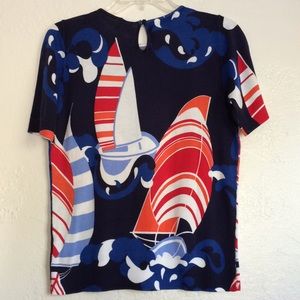 Talbots bright graphic cartoon like sailboat print sweater